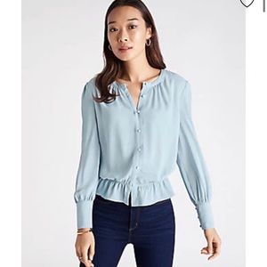 Ann Taylor Mixed Media Cinched Waist Top in Blue Cerulean Size S NWT